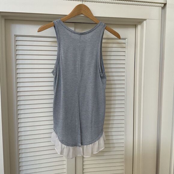 BCBGeneration Tank Top Sleeveless Ruffled Sheer Hem Blue White Stripe, Size XS - Picture 6 of 9